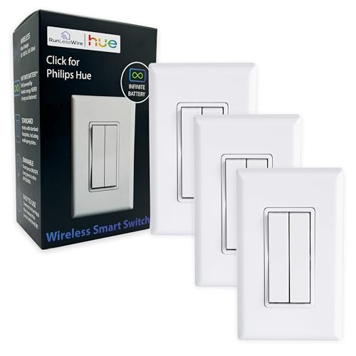 Image of RunLessWire Click for Philips Hue - Battery-Free Wireless Smart Light Switch, 30ft Range - Works Natively with Philips Hue Bridge - Wall Mount Kinetic Switch - Decora Style, White 3 Pack
