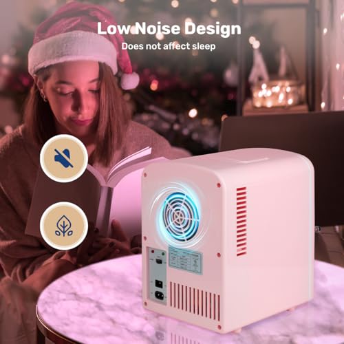 Image of HealSmart Mini Fridge Portable 4 Liter /6 Can with Observation Window, Cooler&Warmer Small Desk Compact Refrigerator for Skin Care, Cosmetics, Beverage, Food in Bedroom, Car, Office, Dorm, Pink