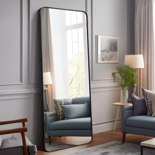 Image of NeuType 65 inchx22 inch Full Length Mirror Floor Mirror with Stand Large Bedroom Mirror Wall-Mounted Mirror Standing or Leaning Against Wall Aluminum Alloy Frame Dressing Mirror, Black, Round Corner