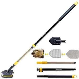 MinuteToCleanIt Floor Bathroom Cleaning Brush with Long Handle, Hard Brush, Microfiber Pad & Scrub Combo for Tiles, Kitchen, Toilet, Window Glass - 58.2 Inch Extendable Pole, Detachable Head, Yellow