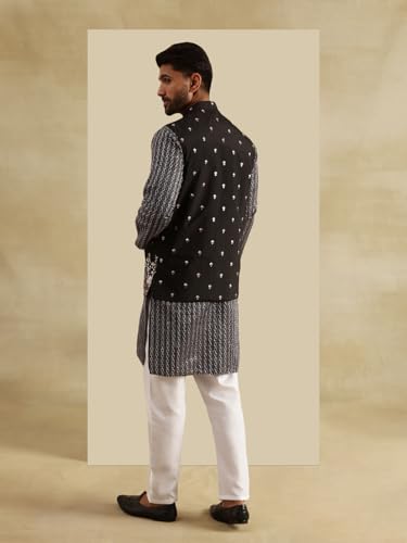 Image of SOJANYA Men's Silk Blend Black Kurta and White Pyjama With Daman Embroidered Black Nehru Jacket
