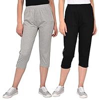 ESPRESSO Women's Plus Size Casual Relaxed Fit Cotton 3/4th Summer Capri Pants - Pack of 2 - Black/Grey Melange - 5XL