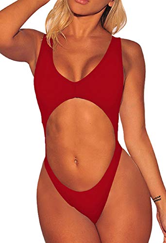 Viottiset Women's High Cut Out Thong One Piece Swimsuit Backless Bikini Bathing Suit Red Medium