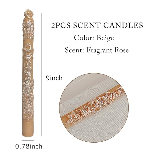 2個 9インチテーパーキャンドル、レトロレリーフ彫刻の香りのキャンドル、ロングトールテーパーキャンドルスティック、ホームテーブルディナー、ウェディング、女性へのギフト(ベージュ)