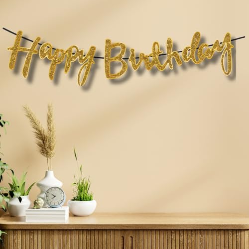 Image of KITTER Happy Birthday Banner Cursive Metallic with Glitters | Reusable - Golden Colour, Happy Birthday Golden Banner with Ribbon (Pack of 1 Banner)