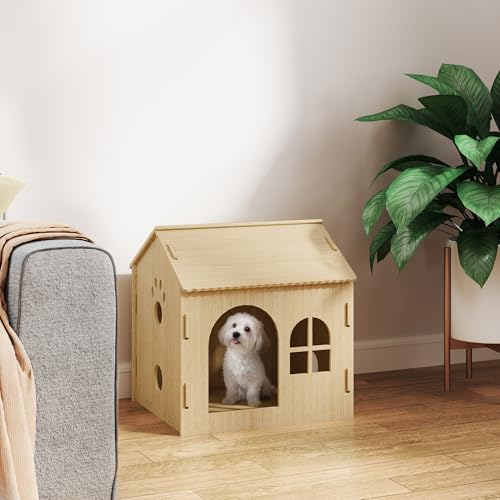 PawHut Hundehütte mit Fenster, Katzenhaus mit niedliches Pfoten-Design, Montage ohne Schrauben, für kleine Hunde unter 4 kg, Indoor, 49,5 x 41 x 51 cm, Eiche