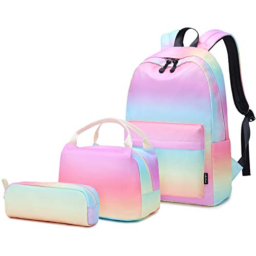 Abshoo Leichter, wasserabweisender Rucksack für Teenager, Mädchen, Schulrucksack mit Lunchtasche, Regenbogen-Set, Medium, Reiserucksäcke