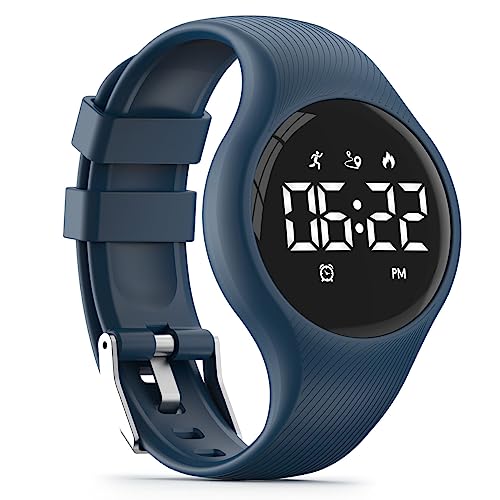 Image of Focwony LED Digital Waterproof Pedometer Watch, Non-bluetooth Fitness Tracker, Step Counter, Distance, Vibrating alarm clock, Stopwatch, Great Gift for for Kids Childrens Teens Girls Boys (Deep blue)