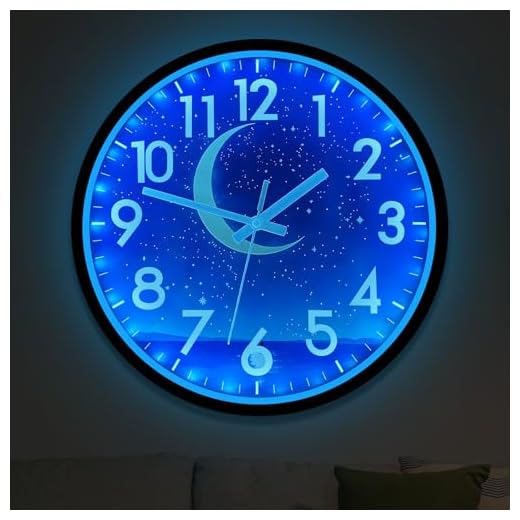JoFomp Glow in The Dark Wall Clocks Battery Operated, 12 Inch Blue Moon Silent Wall Clock Non Ticking, LED Sound Control Light Up Wall Clock for Bedroom, Night Light Wall Clocks for Living Room Decor