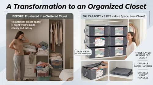 Storage Clothes Bins Closet Bags - 35L Containers Organizer Boxes Clothing Bin Organization for Organizing Blanket Pillow Sheet Sweater, Foldable Bedroom Small Storage Totes With Lids Zipper, 6pc Pack - image 2