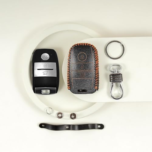 Image of Leather Smart Car Key Cover Case with Metal Hook Keychain for Kia Seltos, Sonet, Carens (Black)
