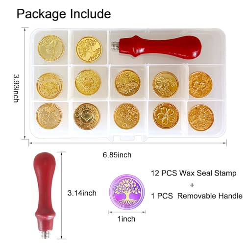 Wax Seal Stamp,12 PCS Wax Stamps Set with Removable Wooden Handle,Vintage Sealing Wax Stamp Heads,Wax Stamp Seal Kit for Wedding Christmas Envelopes Invitations Gift Cards Decoration