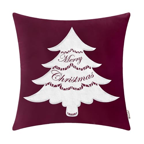 BRAWARM Christmas Tree Pillow Cover 18x18 Burgundy Velvet Embroidered