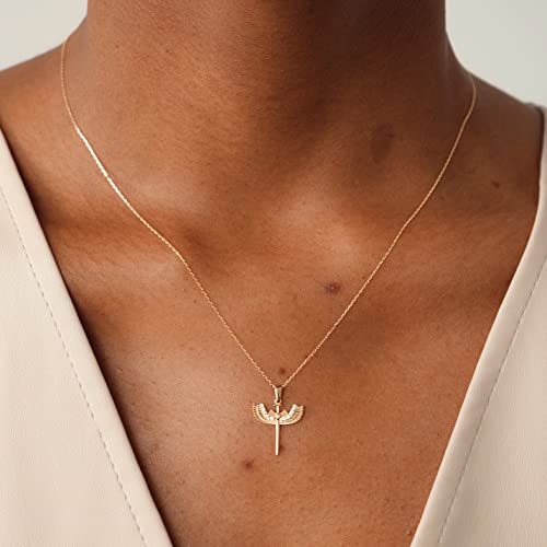 Gelin 14K Solid Gold St Michael Archangel Necklace | 14k Gold Angel Wings Pendant Necklace for Women, 18"4