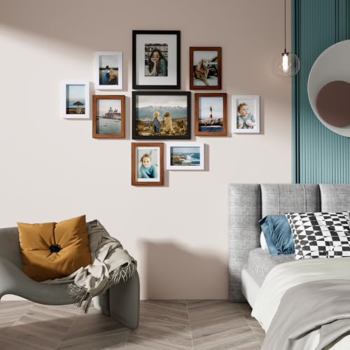Image of Vittanly 10 Pack Picture Frames, Picture Frames Collage Wall Decor with Two 8x10, Four 5x7 and Four 4x6 Photo Frames, Gallery Wall Frame Set for Wall or Tabletop Display, Black, Walnut Brown and White