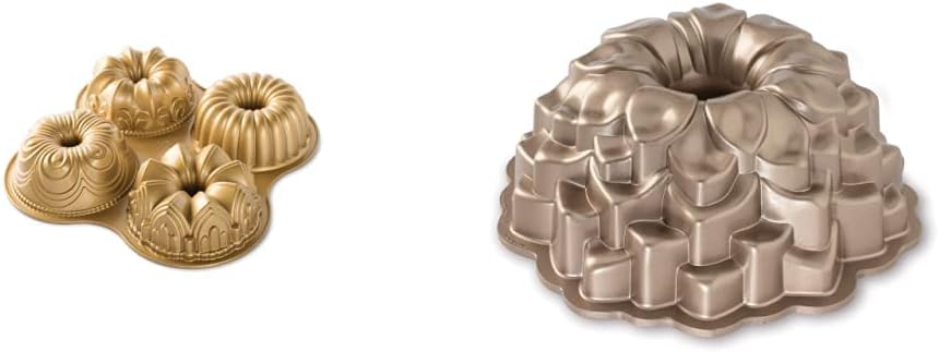 Nordic Ware Bundt Quartet Pan Set (9 Cup) and Blossom Bundt Pan (10 Cup), Gold/Toffee