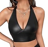 Women's Faux Vinyl PVC Leather Camisole V Neck Sleeveless Micro Vest Crop Bustier Top Black