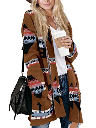 Women Boho Cardigan Aztec Open Front Long Sleeve Shawl Collar Sweater Coat
