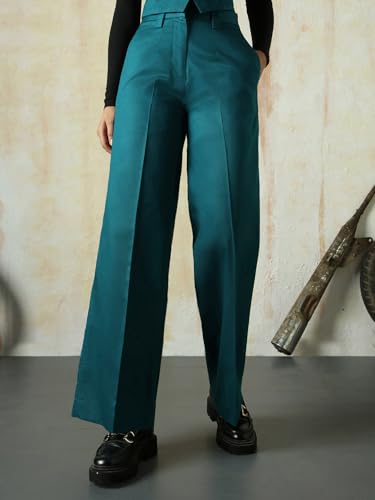 Image of High Star Women High Rise Solid Regular Length Wide Leg Casual Trousers