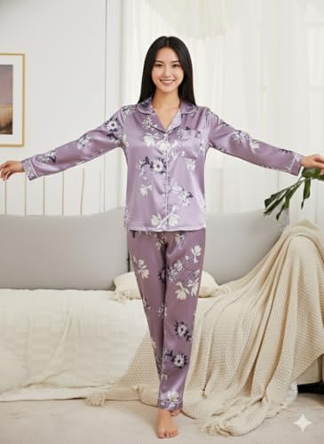 Image of Night Suit for Women with Full Sleeve Button-Down Top with Pant Dress for Woman, Night Dress for Woman, Lycra Two-Piece Loungewear Set