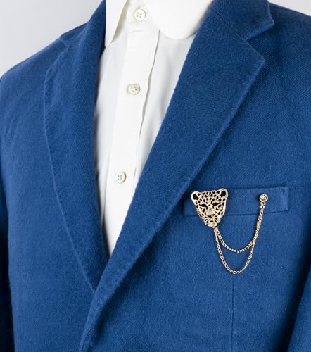 Image of Knighthood Black & Gold Tiger Brooch with Stone Detailing and Hanging Chain for Men & Women - Statement Lapel Pin for Suits, Coats, and Jackets