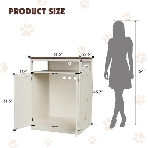 Halitaa Large Litter Box Furniture with Charging Station and Shelves, Wooden Cat Litter Box Enclosure for Self-Cleaning Litter Boxes, White