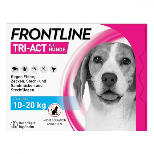 FRONTLINE TRI-ACT Hund M gegen Zecken Flöhe & Mücken (10 bis 20 kg) - 6X Pipetten für bis zu 6 Monate Schutz - wasserfest - perfekt auf Reisen
