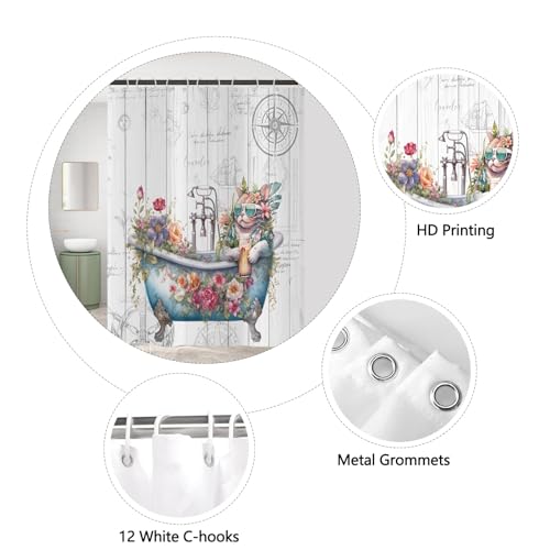 Miniatura 6 de Asdcxz Divertida Cortina De Ducha 180x180 Cm, Fondo Marítimo De Madera Vintage Gato Divertido Flores Hojas Cortinas De Ducha Lavables Tela De Cortina Ducha De Baño Impermeable Con 12 Ganchos