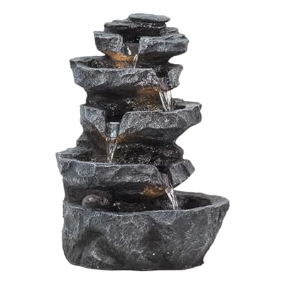 HEVIRGO 5-Tiers Cascading Rock Water Fountain with LED Lights,Modern Garden Decor for Garden,Patio,Yard,and Porch Décor,and Weather-Resistant Resin,Natural Stone Look,22" H (Gray) Big