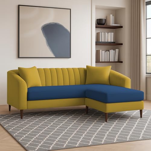 Image of Casaliving Doraldo 4 Seater L Shape Convertible Sofa Set for Living Room, 3 Seater & Ottoman Modular Sectional Couch for Small Space (Blue Yellow Colour) Fabric