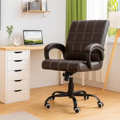 Image of NEWTURN Funk Leatherette Executive Chair: Brown, Medium Back, Ergonomic, Adjustable Height /Tilt, Heavy Duty Metal Base, Home & Office with 2 Yrs Parts Replc. Warranty