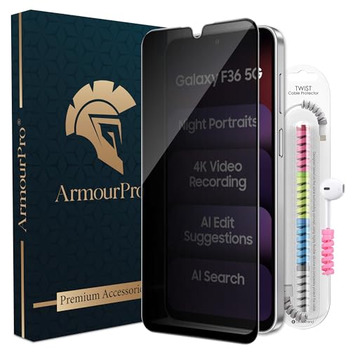 Image of ArmourPro Privacy Tempered Glass for Samsung Galaxy F36, Anti Spy Anti Peeping Screen Protector, Edge-to-Edge Full Coverage, 9H Hardness with Cable Protector | Black