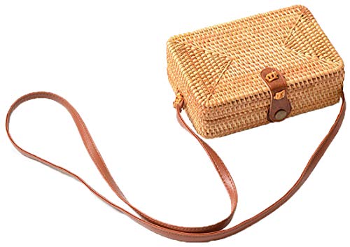 Rattan Bag Summer Straw Beach Bag Woven Wicker Basket Vacation Straw Purse Beach Bags Gifts for Women (Leather buttons(small square))