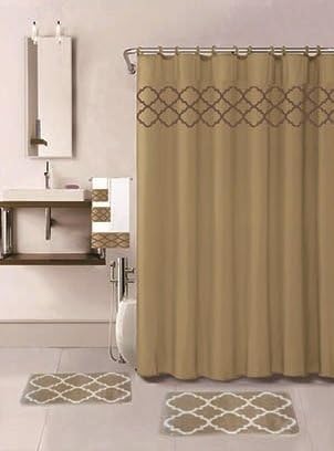 WPM 18 Piece Bath Rug Set Choose from Taupe, Teal Blue, Sage Green, Burgundy Holiday Red Geometric Desin Print Bathroom Rugs Shower Curtain/Rings and Towels Sets (Amanda Taupe)