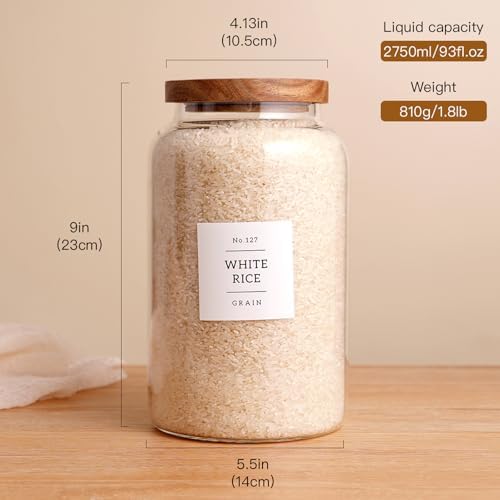 CZHQSMZ Set of 2 Large Glass Jar with Airtight Acacia Lid and 132 Kitchen Pantry Labels, Clear Glass Food Storage Jars Containers for Rice Flour Pasta Sugar Coffee Cookie and More(98 Fl Oz/2800 Ml)