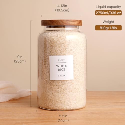 CZHQSMZ Set of 2 Large Glass Jar with Airtight Acacia Lid and 132 Kitchen Pantry Labels, Clear Glass Food Storage Jars Containers for Rice Flour Pasta Sugar Coffee Cookie and More(98 Fl Oz/2800 Ml)