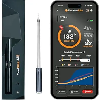 MeatStick 4X Wireless Meat Thermometer for Grilling and Smoking, Bluetooth Temperature Probe with 4 Sensors, 650ft+ Range for BBQ, Smoker, Oven