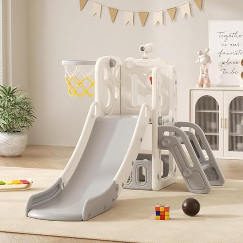 Structure Jeux Toboggan pour Enfant: Aire de Jeux Intérieure et Extérieure Enfant avec Coffre de Rangement Tunnel Escalier Echelle Panier de Basket et Zone de Passage (Elf-A-Gray)