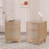 Modern Rattan Nightstand Set of 2, Wicker Rattan Stand with Drawer and Charge Station, Wooden...