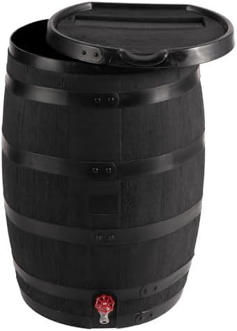 RTS Home Accents Premium 55-Gallon Eco Rain Barrel with Removable Lid, Flat Back Rain Water Collection Barrel, Made with 100% Recycled Plastic, Black