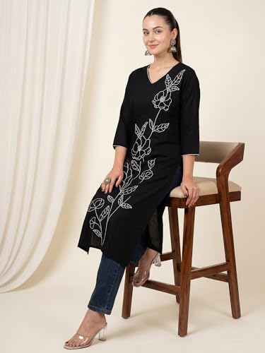 Image of INDO ERA Women Viscose Rayon Straight Fit Straight Floral Embroidered Kurtas