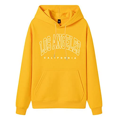 Moletom feminino casual com capuz e estampa de letras, pulôver com cordão e estampa, Amarelo, G