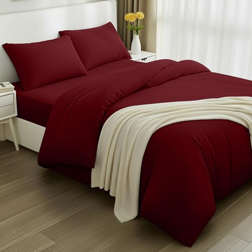 Utopia Bedding 4 Piece Double Bedding Set - Duvet Cover, Fitted Sheet with Pillow cases - Soft Brushed Microfiber (Burgundy)