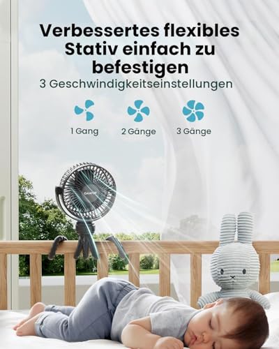 Gaiatop Tragbarer Mini-Kinderwagen-Ventilator, batteriebetrieben, kleiner Ventilator zum Anklippen, abnehmbar, 3 Geschwindigkeiten, wiederaufladbar, 360 ° drehbar, flexibles Stativ, Reisen, Schwarz