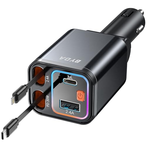 4 in 1 Retractable Car Charger,69W USB-C Fast Car Charger, for iPhone 17/16/15/14/13/12/11, Cigarette Lighter Charger (Black, Light-ning+USB-C) by BYDA - Used condition - CA$13.26