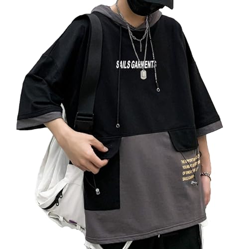 XYXIONGMAO Hooded T-Shirt Loose Large Pockets Colorblock Hoodie Unisex Streetwear Techwear Tee Shirts for Men