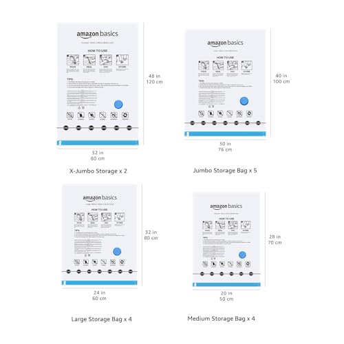 Amazon Basics Vacuum Compression Space Saving Storage Bags with Hand Pump for Clothes Packing, Pack of 15, Multiple Sizes, White