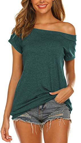 Halife Off The Shoulder Tops for Women Summer Loose Short Sleeve Blouses Shirts Green L