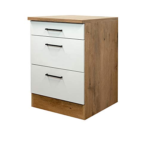 MMR Küchen-Unterschrank Glasgow - Auszugunterschrank - 2 Auszüge, 1 Schublade - Küchenschrank - 60 cm breit - Creme Matt