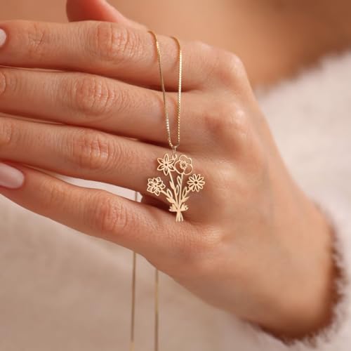 Personalized Birth Month Flower Birthstone Necklaces for Women, Custom Birth Flowers Bouquet Necklace, Customized Birth Flower Jewelry Pendant Necklace Gift for Her.3